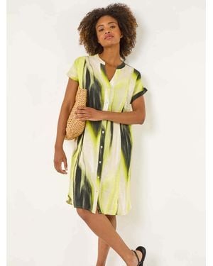 Roman Abstract Printed 100% Linen Shift Dress - Yellow