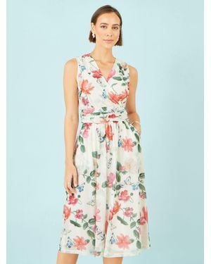 Yumi' Blurred Floral Print Mesh Stretch Midi Dress With Pockets - White