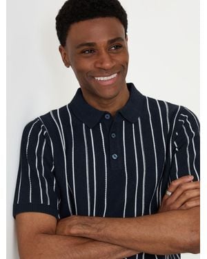 Threadbare Textured Stripe Knitted Quarter Zip Polo Shirt - Black