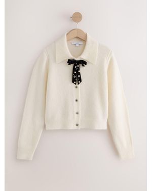 Next Ecru Bow Knitted Collar Cardigan With Wool - Natural