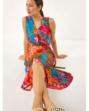 Roman Tropical Print Button Through Midi Dress - Red