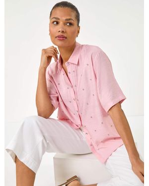 Roman Rhinestone Button Detail Collar Shirt - Pink
