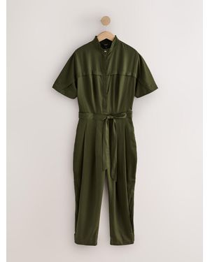 Next Khaki Short Sleeve Funnel Neck Jumpsuit - Green