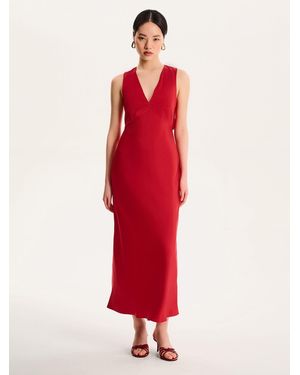 OMNES Nova Tie Back Midi Floral V-Neck Dress - Red