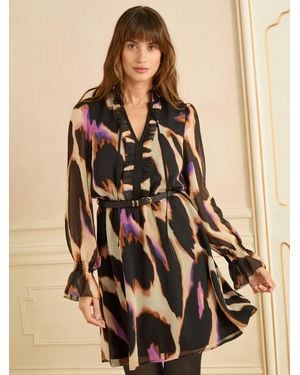 Love & Roses Animal Shirred Neck Pu Belt Mini Dress - Natural