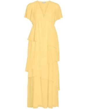 Vila Dobby Chiffon Short Sleeve Ankle Length Tiered Dress - Yellow