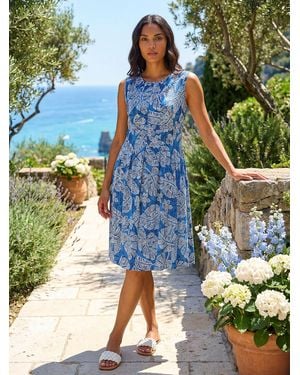 Roman Leaf Print Panel Dress - Blue