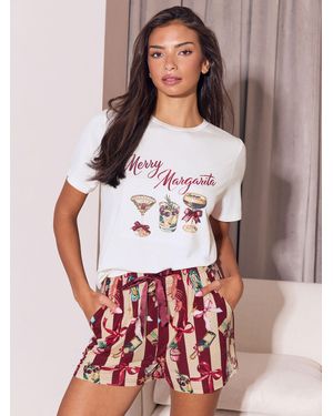 Lipsy Burgundy Christmas Merry Margarita Embellished T-Shirt And Short Pajamas Set - White