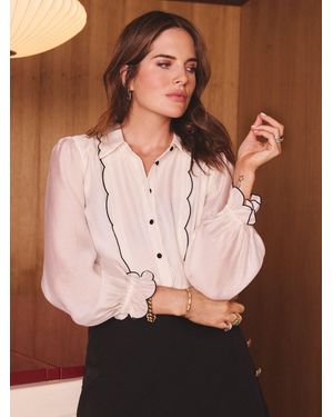 Love & Roses X Binky Ivory Scallop Front Button Through Long Sleeve Shirt - White