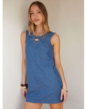 Threadbare Lace Up Sleeveless Denim 100% Cotton Mini Summer Dress - Blue