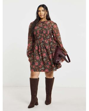 Simply Be Shirred Skater Dress - Brown
