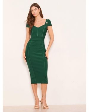 Lipsy Military Buttoned Short Sleeve Midi Knit Bandage Dress - Green