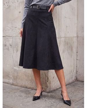 Roman Belted Suedette Midi Skirt - Blue