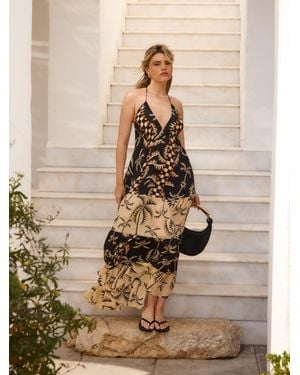 South Beach Leopard Halter Neck Tiered Maxi Dress - Natural