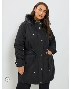 Yours Curve Faux Fur Trim Plush Parka Jacket - Black