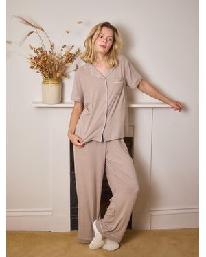 Loungeable Oatmeal/ Trim Short Sleeve Soft Rib Button Through Pajamas - Natural