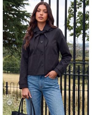 Threadbare Detachable Scarf Detail Cropped Trench Coat - Blue