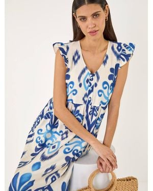 Roman Abstract Print Frill Detail Midi Dress - Blue