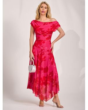 Jolie Moi Asymmetric Draped Mesh Maxi Dress - Red