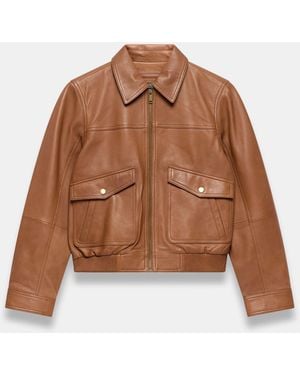 Mint Velvet Leather Collared Bomber Jacket - Brown