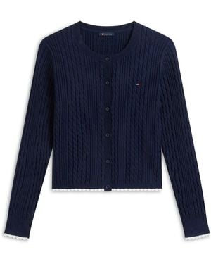 Tommy Hilfiger Cable Knit Scalloped Trim Slim Cardigan - Blue