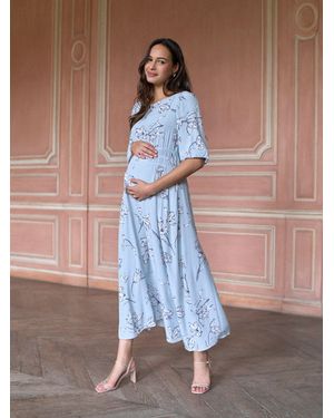 Seraphine Tulpen-Print Umstandsmode-Kleid Mit Geraffter Taille - Blau