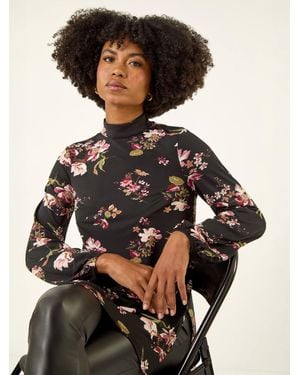 Roman Floral High Neck Tunic Top - Black