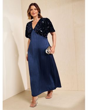 Friends Like These Curve Short Sleeve Sequin Satin Midi Dress - Blue