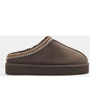Yours Curve Extra Wide Fit Faux Suede Embroidered Mules - Brown