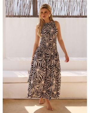 South Beach Sunburst Sleeveless Shirred Drop Waist Maxi Dress - Natural