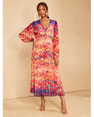 Love & Roses Multi Geo Ombre V-Neck Midi Dress - Pink