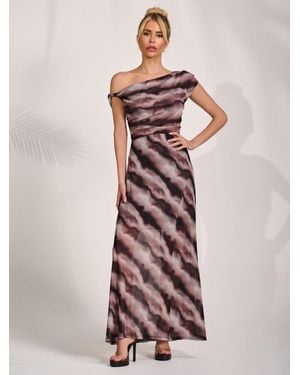 Jolie Moi Mesh Asymmetrical Off-Shoulder Maxi Dress - Pink