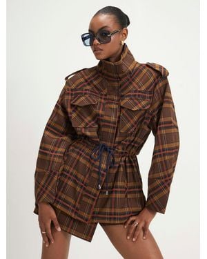 River Island Check Funnel Neck Parka Jacket - Brown