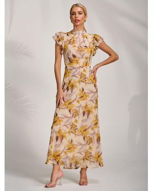 Jolie Moi High Neck Ruffle Sleeve Chiffon Maxi Dress - Metallic