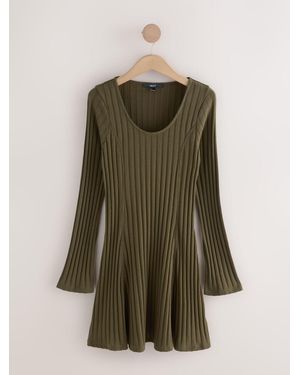 Next Mini Ribbed Long Sleeve Scoop Neck Dress - Green