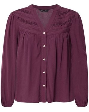 M Com Petite Crochet Insert Long Sleeve Blouse - Purple