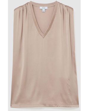 Reiss Taupe Neutral Renita Silk-Front V-Neck Sleeveless Top - Natural