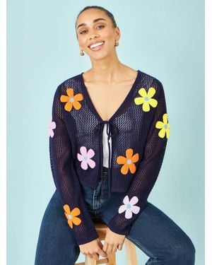 Yumi' Tie Front Cardigan With Flower Design - Blue