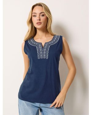 M Com Embroidered Notch Neck Top - Blue