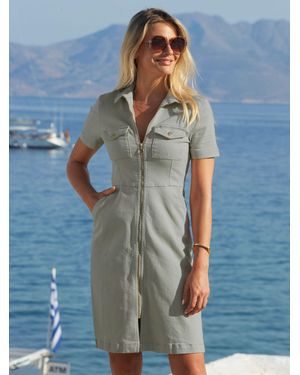 Sosandar Short Sleeve Zip Front Denim Dress With Pockets - Blue