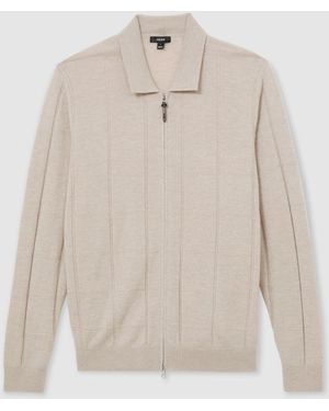 Reiss Oatmeal Martindale Wool Check-Textured Zip-Through Cardigan - White