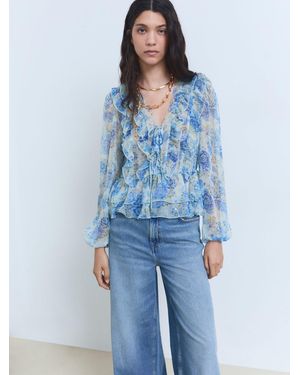 Mango Floral Print Ruffle Blouse - Blue
