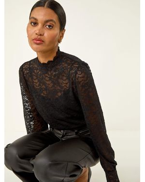 Roman Lace Frill High Neck Stretch Shirt - Black