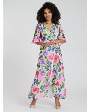 South Beach Printed Short Sleeve Wrap Maxi Dress - White