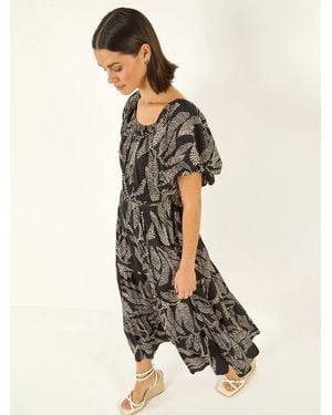 Roman Dotted Leaf Print Midi Dress - Black
