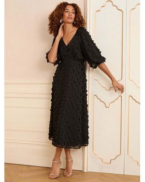 Love & Roses Petite 3D Floral V-Neck Puff Sleeve Midi Dress - Natural