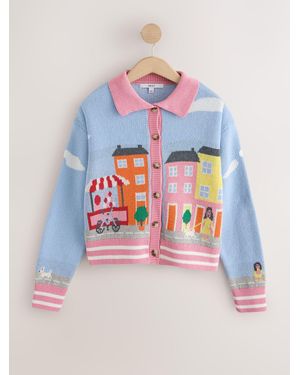 Next Multi House Scenic Cotton Rich Collar Cardigan - Blue