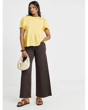 Simply Be Crew Neck Peplum Stretch Broderie Top - White