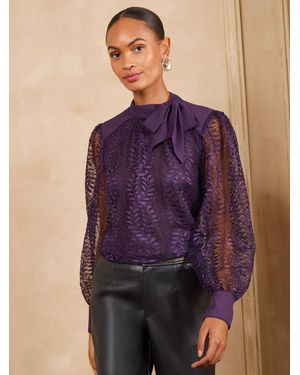 Love & Roses Lace Pussybow Long Sleeve Blouse - Purple
