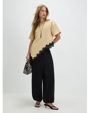 River Island Short Sleeve Asymmetric Satin Lace Hem T-Shirt - Multicolor